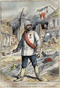 Spotprent op commandant Jean-Baptiste Marchand in Toulon, terugkerend van een ontdekkingsmissie (1896-1899) in Afrika. Gravure in 