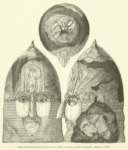 Helm van Jaroslav, grootvorst van Rusland rond 1238, gezien van boven, van voren en van opzij
