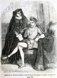 Catherine de Medici dwingt haar zoon (Karel IX) om het bevel te geven voor het signaal van de Bloedbruiloft in 1572 - in 