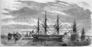 Katholiek feest: Goede Vrijdag (Heilige Vrijdag) in Toulon (Var, 83) in 1858. De schepen hebben hun stangen in kruis en hun vlaggen halfstok als teken van rouw. Gravure in 