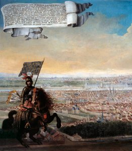 Vogelvlucht van Parijs vanaf de Faubourg Saint Jacques Herdenking van de verdediging van Parijs door kanselier Pepin des Essarts na het verraad van Etienne Marcel, in 1358. (detail)