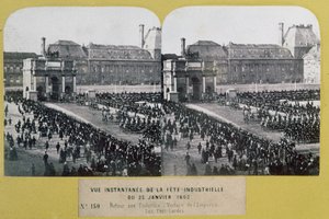 Viering van de industrie bij de Tuilerieën, Place du Carrousel, Parijs, stereoscopisch beeld, 25 januari 1863 door French School