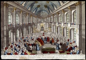 Ceremonie van de huwelijkszegen gegeven in de kapel van Versailles op 16 mei 1770 door Louis Auguste, dauphin van Frankrijk (Lodewijk XVI), en Marie Antoinette van Oostenrijk - gravure door French School
