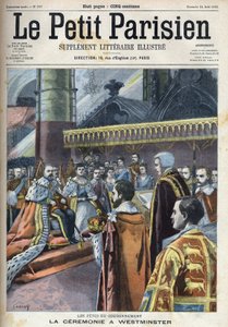 Ceremonie van de kroning in Westminster: koning Edward VII (1841-1910) en Alexandra van Denemarken (1844-1925), in "Le Petit Parisien"