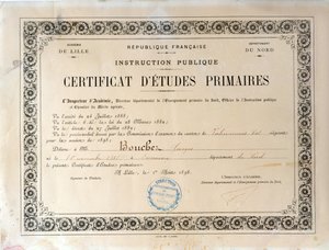 Certificaat van lager onderwijs, Academie de Lille, 1898 (inkt op papier)