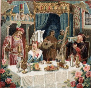 Kamerheer Jehan de Saintre serveert een drankje aan de Dame van Belles Cousines (Belles-Cousines) tijdens een banket in het Kasteel d
