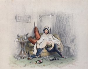 Champagne & Liefde, een verliefd stel in slaap gevallen na hun zesde fles champagne, gegraveerd door Bettannier Freres, Parijs, 1852 door French School