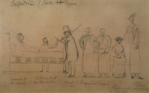 Charcot ontworpen door een van zijn studenten. Van links naar rechts: patiënt Genevieve in een dwangbuis, dokter Desire Magloire Bourneville met een thermometer, Jean Martin Charcot, Raymond en Brissaud, Me Tirperme en Charles Fere. Heilige Koningin Kamer,