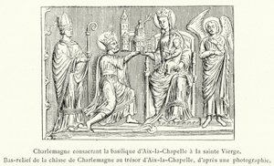 Karel de Grote wijdt de basiliek van Aken aan de Heilige Maagd, Bas-reliëf van de jacht van Karel de Grote in de schatkamer van Aken (gravure) door French School