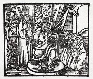 Karel de Grote slaat de ridders Reynauld, Guichard, Alard en Richardet, zonen van de hertog van Aymon, tot ridder