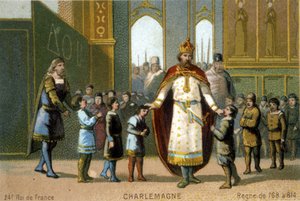 Karel de Grote bezoekt een school - chromolithografie van de 19e eeuw door French School