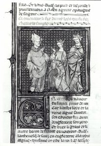 Karel III (879-929) de Eenvoudige met zijn vrouw en zijn zoon, Lodewijk IV (921-954), Grandes Chroniques de France, 1375-79 door French School