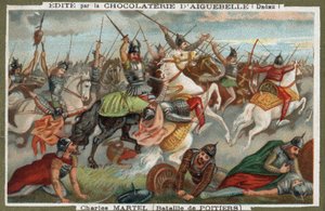 Karel Martel stopt de moslims bij de Slag bij Poitiers in 732. Chromolithografie uit de 19e eeuw.