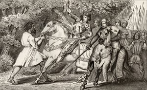 Charles VI (1368-1412) de Krankzinnige wordt gewaarschuwd voor een hinderlaag in het bos bij Angers, uit 