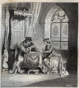 Karel VI (1380-1422) en Odette de Champdivers - Koning Karel VI van Frankrijk, bekend als Karel de Geliefde, later Karel de Waanzinnige (1368-1422) met zijn minnares Odette de Champdivers (circa 1390-1425) kaarten spelend gravure in 