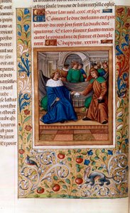 Karel VI en Hendrik V ondertekenen het "Verdrag van Troyes" in 1420, illustratie uit de "Chroniques de Monstrelet" door French School