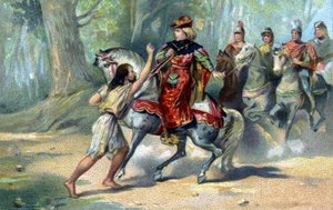 Karel VI in waanzin in het bos van Le Mans. Chromolithografie van het einde van de 19e eeuw