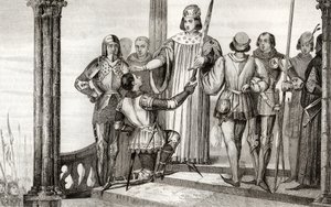 Karel V (1358-80) de Wijze overhandigt zijn zwaard aan Duguesdin, uit 