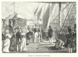 Karel X scheept in te Cherbourg (gravure)