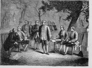 Charles de Secondat Montesquieu met het wetenschappelijke cenakel op Kasteel Clairac, Frankrijk - Le cenacle scientifique du chateau de Clairac: Montesquieu et le baron de Secondat, son, le chevalier de Vivens, Romas et les frères Dutilh - in 