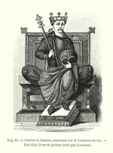 Karel de Kale, gekroond tot koning van Lotharingen in 860, uit een gebedenboek geschreven door Liuthard
