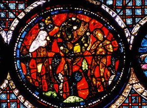 Kathedraal van Chartres, Gebrandschilderd glasraam met afbeelding van de barmhartige Samaritaan (gebrandschilderd glas)