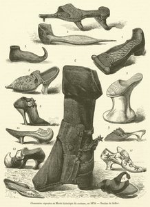 Tentoonstelling van schoenen in het Historisch Kostuummuseum, 1874 door French School