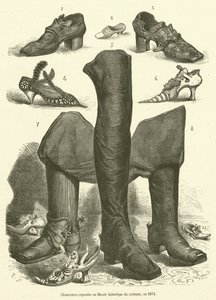 Chaussures exposees au Musee historique du costume, en 1874