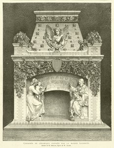 Keramische schoorsteen tentoongesteld door het huis Loebnitz, tekening van M Sedille, figuur van M Aller door French School