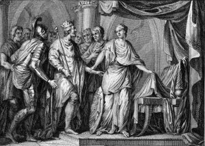 Childebert II (570-596), koning van Austrasië, nam bezit van het koninkrijk Bourgondië en Orléans na de dood van Gontran I in 592. Gravure uit de 18e eeuw. door French School