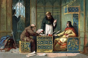 Childebert II, koning van Frankrijk van 695 tot 711 in zijn kasteel van de Oise, omringd door monniken die zijn werk delen. Chromolithografie rond 1890.
