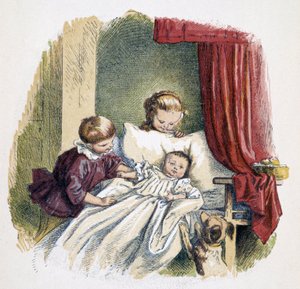 Kinderen spelen met een pop in "Schnik, schnak, kleinigheden voor de kleintjes", kinderspelen. ed. London- Georges Ronthedge and sons. New York, The broad way Ludgate n.d. c. 1890. door French School