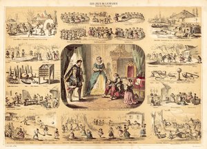 Kinderspelen (kleur litho) door French School