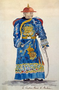 Chinese kapitein van Ambon, Molukken, aquarel door Jules-Louis Lejeune, gebaseerd op Reis rond de wereld