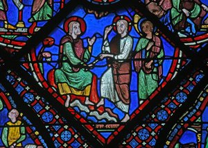 Christus geeft St. Jacobus zijn staf van autoriteit door French School