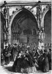 Palmzondag: verdeling van de takken bij de deur van de kerk Saint Germain l