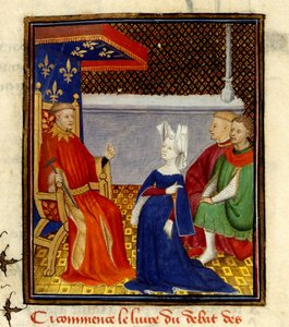 Christine spreekt Louis d’Orléans toe, MS Harley 4431, f.58v, Frankrijk, c.1410-14 door French School