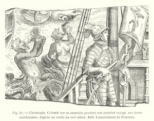 Christoffel Columbus op zijn karveel tijdens zijn eerste reis naar de westelijke landen; naar een niëllo uit de XVIe eeuw, Bibl Laurentienne van Florence (gravure)