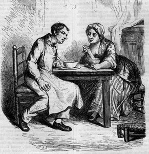 Christophe en de dikke Sylvie: bedienden ontbijten. Gravure midden 19e eeuw. Illustratie voor 