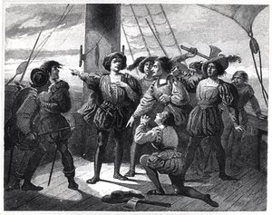 Christoffel Columbus (1450-1506) die zijn bemanning bang maakt