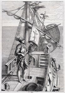 Christoffel Columbus op zijn trailer, ill. Ontdekking van de Aarde door Jules Verne, ed. Hetzel, 19e eeuw door French School