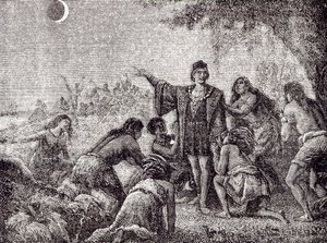 Christoffel Columbus voorspelt de maansverduistering aan de inwoners van Jamaica in 1504