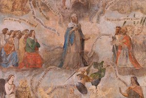 Kerk (Eglise Saint-Jean-Baptiste). Interieur. Kapel Saint-Fursy. Muurschilderingen. De verheerlijking van Maria (fresco genaamd de goede dood). Begin 17e eeuw. door French School