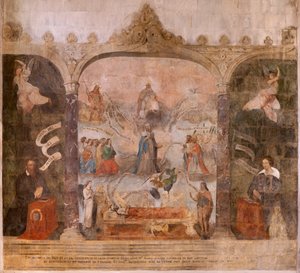Kerk (Eglise Saint-Jean-Baptiste). Interieur. Kapel Saint-Fursy. Muurschilderingen. De verheerlijking van Maria (fresco genaamd de goede dood). Begin 17e eeuw.