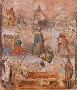 Kerk (Eglise Saint-Jean-Baptiste). Interieur. Kapel Saint-Fursy. Muurschilderingen. De verheerlijking van Maria (fresque dite de la bonne mort). Begin 17e eeuw.