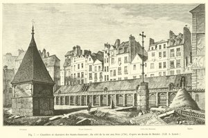 Begraafplaats en knekelhuizen van de Heilige Onschuldigen, aan de kant van de rue aux Fers, 1780, naar een tekening van Bernier, Coll. A. Lenoir door French School
