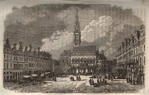 Stadhuis en Belfort van de stad Arras - gravure in 