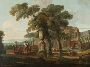 Klassiek landschap met urn, ca. 1700 door French School