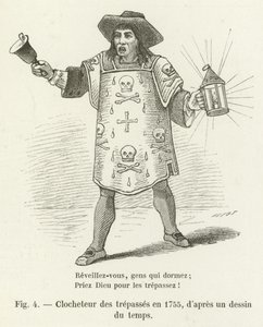 Klokkenluider van de overledenen in 1755, naar een tekening uit die tijd