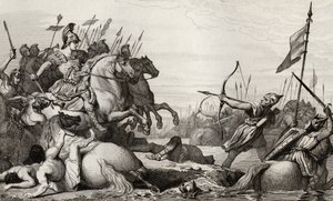 Clodion, de Harige (ca. 428-47) trekt zich terug over de brug na zijn nederlaag door Aetius, uit 